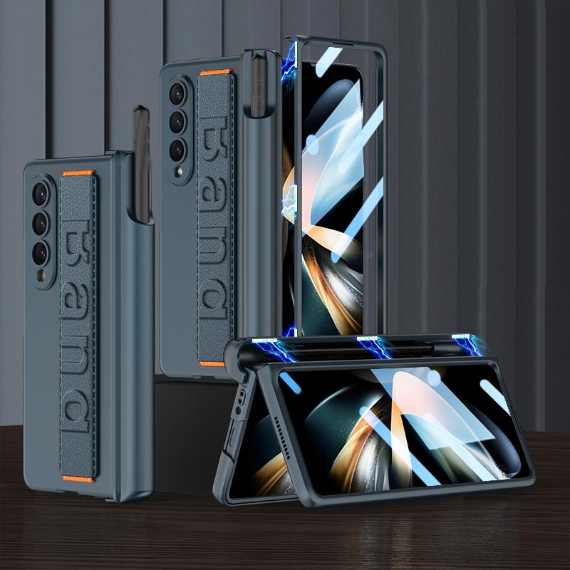 NNEDSZ Samsung Galaxy Z Fold 4 Shockproof Magnetic Fold Case With Wrist Strap - Navy Blue