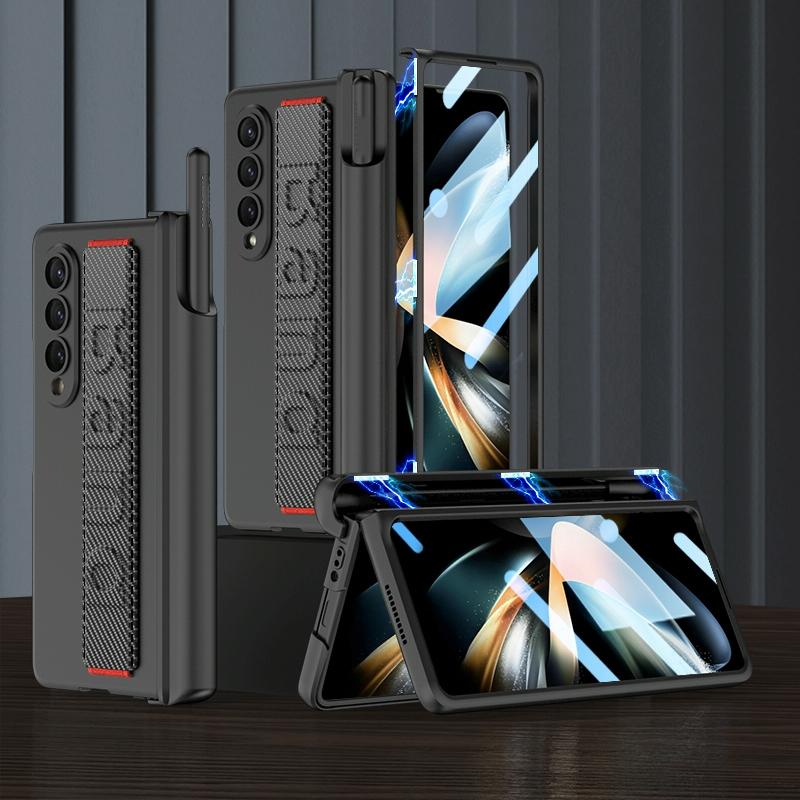NNEDSZ Samsung Galaxy Z Fold 4 Shockproof Magnetic Fold Case With Wrist Strap - Navy Blue