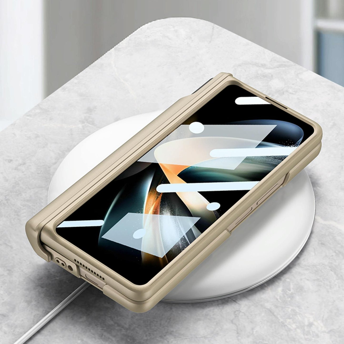 NNEDSZ Samsung Galaxy Z Fold 4 Shockproof Magnetic Fold Case With Wrist Strap - Navy Blue